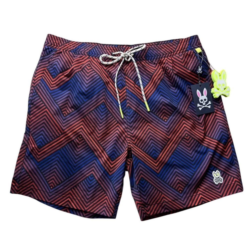 Psycho Bunny Mens XL Adrian Chevron Red Blue Striped Board Shorts Swim Trunks